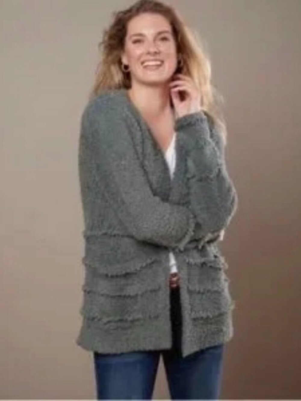 Barefoot Dreams CozyChic Boardwalk Knit Gray Open Front Cardigan Size Large